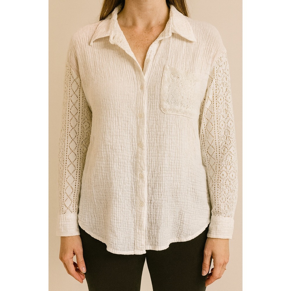 Magnolia Boutique Gauze Shirt M Crochet Lace Sleeve Button Down Top